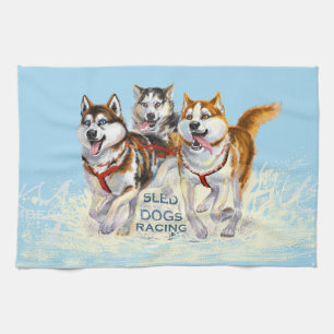 siberian husky sled dogs kitchen towel