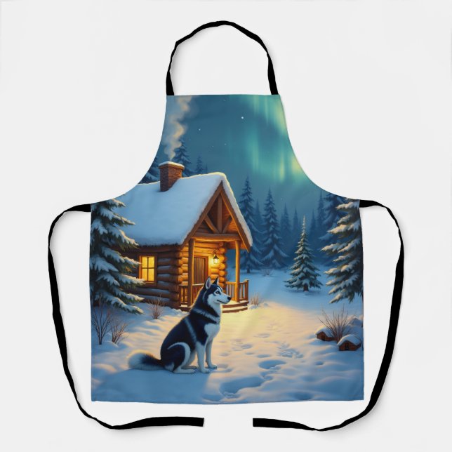 Siberian Husky Snowy Cabin Christmas Painting Apron (Front)