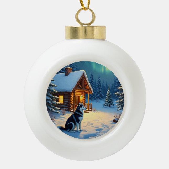 Siberian Husky Snowy Cabin Christmas Painting Ceramic Ball Christmas Ornament (Front)