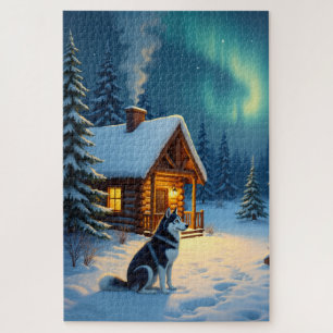 Siberian Husky Snowy Cabin Christmas Painting Jigsaw Puzzle