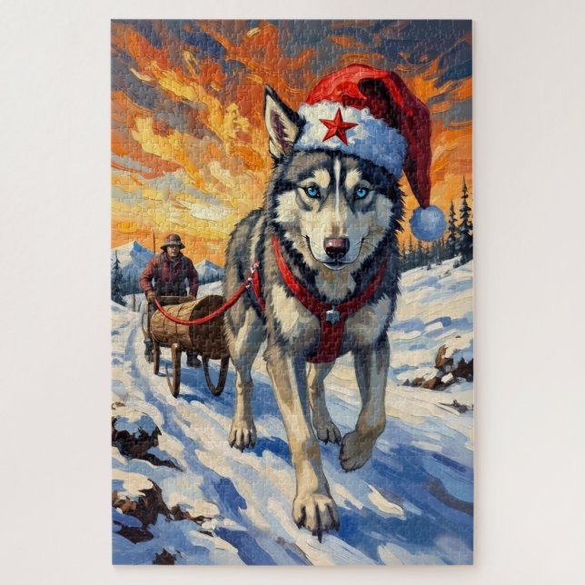 Siberian Husky Soviet Style Christmas Log Pull Hat Jigsaw Puzzle (Vertical)