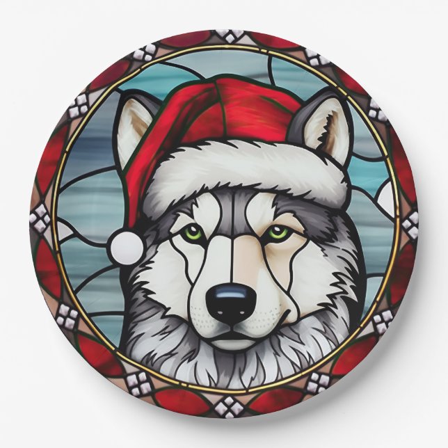 Siberian Husky Stained Glass Christmas Paper Plate (Front)