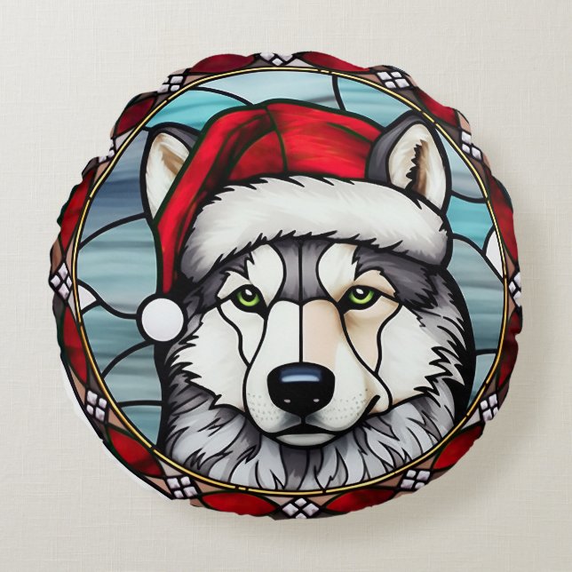 Siberian Husky Stained Glass Christmas Round Pillow (Front)