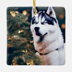 Siberian Husky Under Christmas Tree Ceramic Ornament