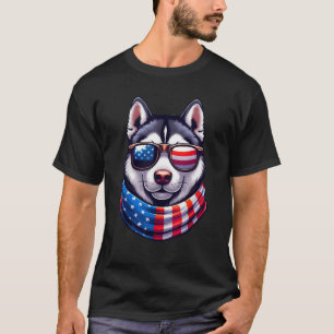 Siberian Husky USA Flag Sunglasses 4th of July Pat T-Shirt
