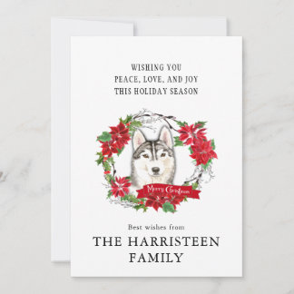 Siberian Husky Watercolor red Poinsettia Wreath Holiday Card
