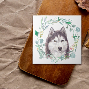 Siberian Husky Watercolor Wreath Ceramic Tile