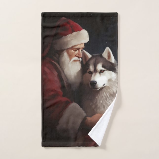 Siberian Husky With Santa Claus Festive Christmas Bath Towel Set (Hand Towel)