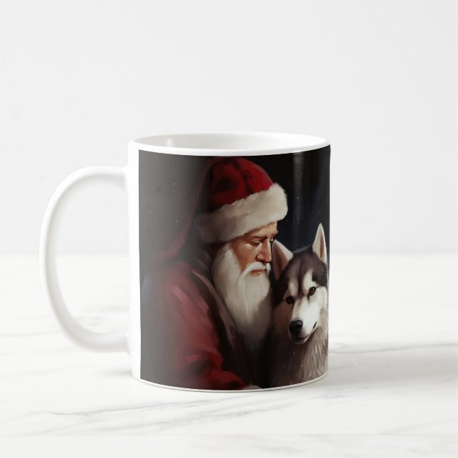 Siberian Husky With Santa Claus Festive Christmas Coffee Mug (Left)