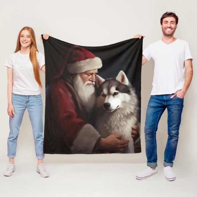 Siberian Husky With Santa Claus Festive Christmas Fleece Blanket (In Situ)