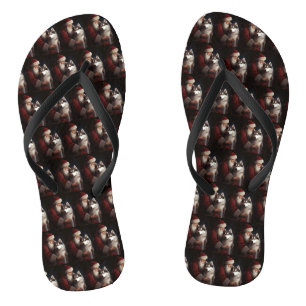 Siberian Husky With Santa Claus Festive Christmas Flip Flops