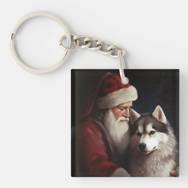 Siberian Husky With Santa Claus Festive Christmas Keychain (Front)