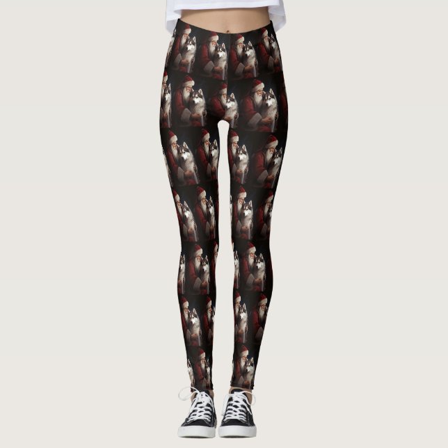 Siberian Husky With Santa Claus Festive Christmas Leggings (Front)