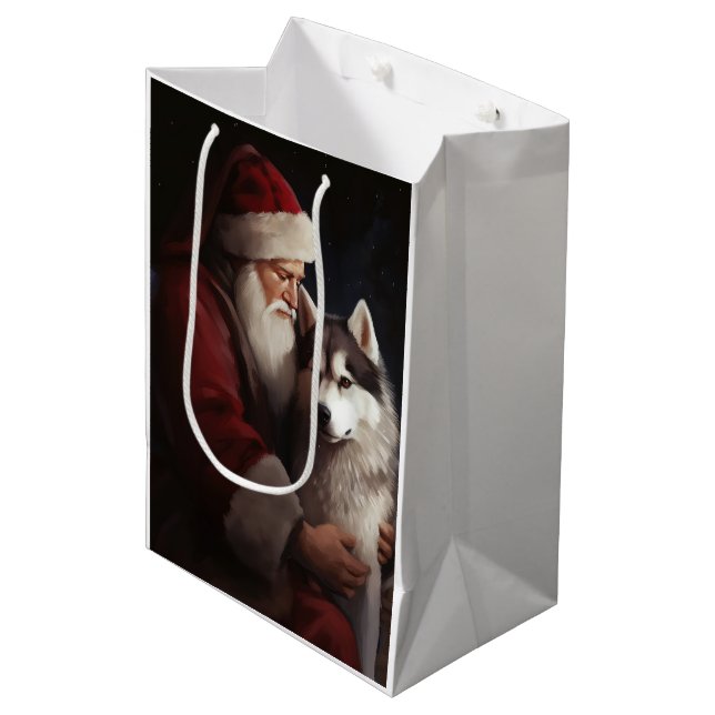 Siberian Husky With Santa Claus Festive Christmas Medium Gift Bag (Front Angled)