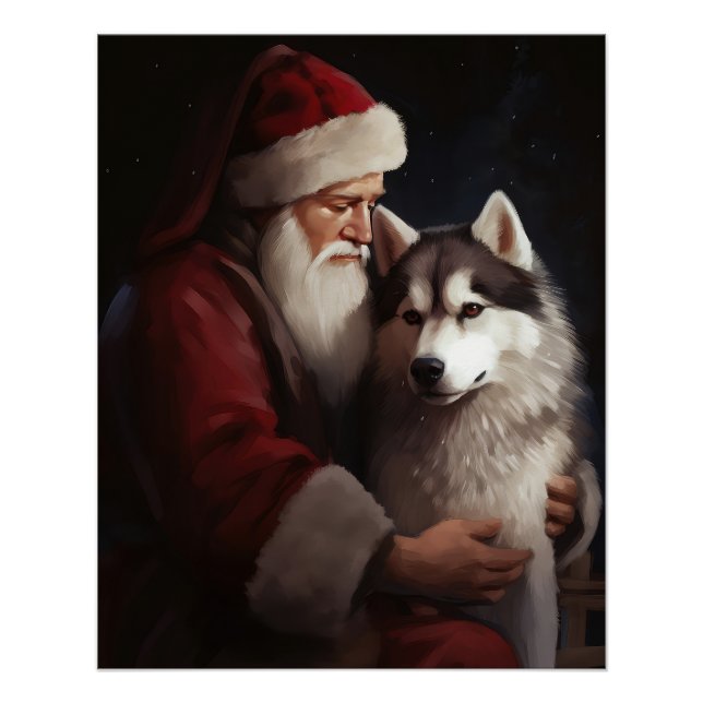 Siberian Husky With Santa Claus Festive Christmas Poster (Front)