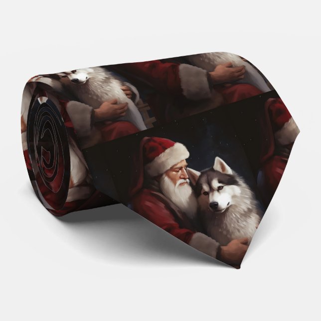 Siberian Husky With Santa Claus Festive Christmas Tie (Rolled)