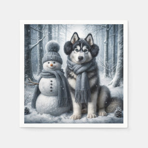 Siberian Husky With Snowman Napkin