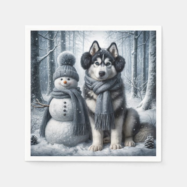 Siberian Husky With Snowman Napkin (Front)