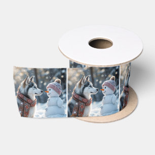 Siberian Husky With Snowman Satin Ribbon