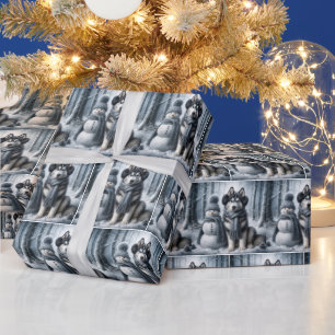 Siberian Husky With Snowman Wrapping Paper