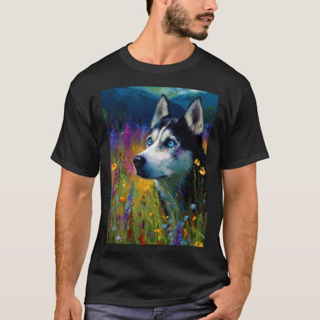 Siberian Husky with wildflowers T-Shirt (Front)