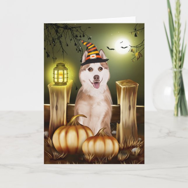 Siberian Husky with Witch Hat Halloween  Card (Front)