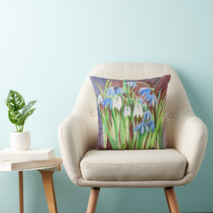 Siberian squill blue spring flower painting throw pillow