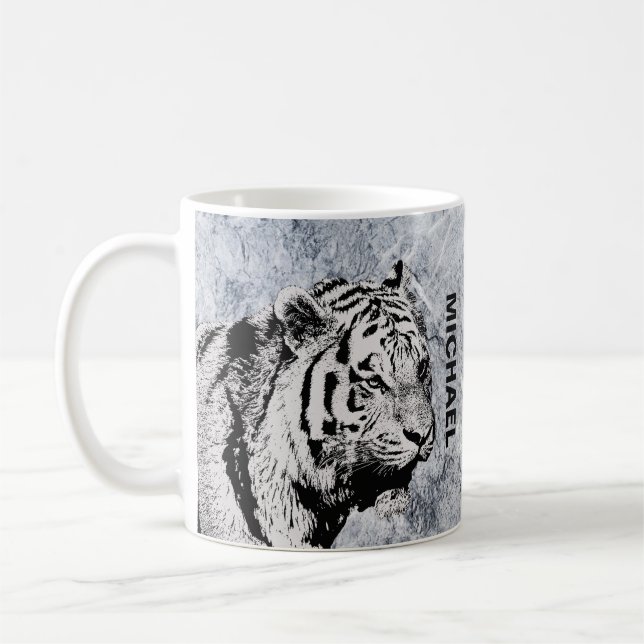 Siberian Tiger gray white marble monogram name Coffee Mug (Left)