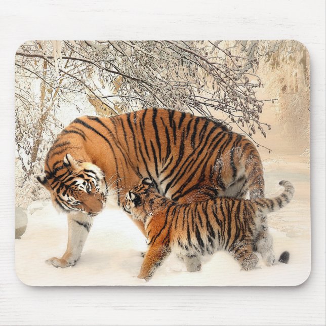 Siberian Tiger Mother and Kitten Mouse Pad (Front)