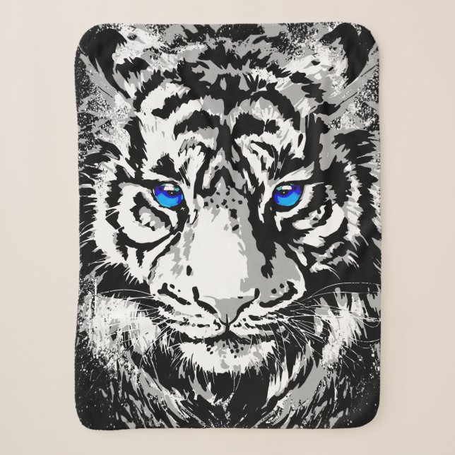 Siberian White Tiger Head - Tiger Blue Eyes Sherpa Blanket (Front)