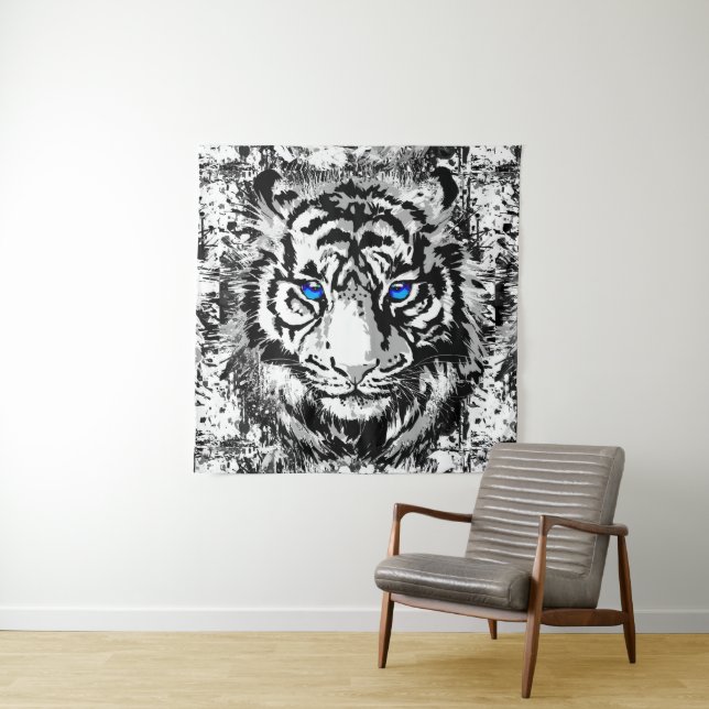 Siberian White Tiger Head - Tiger Blue Eyes Tapest Tapestry (In Situ)
