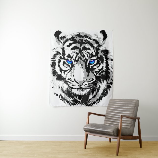Siberian White Tiger Head - Tiger Blue Eyes Tapestry (In Situ)
