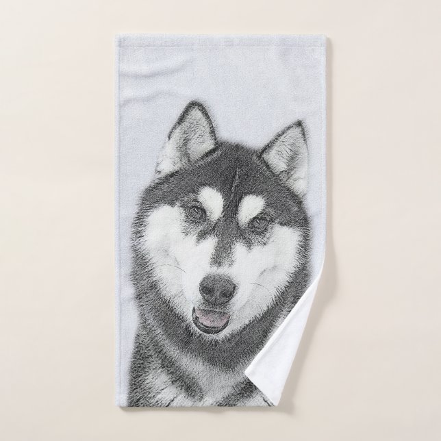 Sibérie Husky (noir et blanc) peint l'art du chien (Serviette à main)