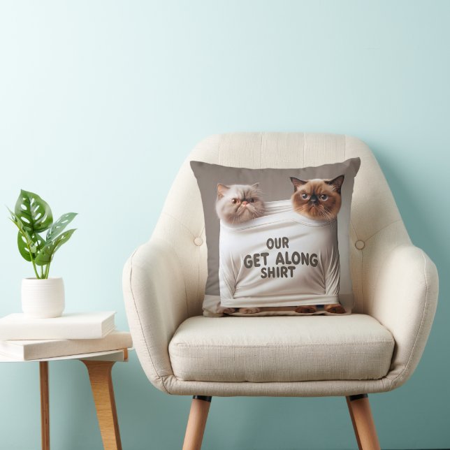 Sibling Cats Wearing Get Along Shirt Throw Pillow (Chair)