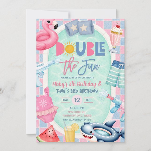 Sibling Joint Boy Pool party double the fun birthd Invitation (Front)