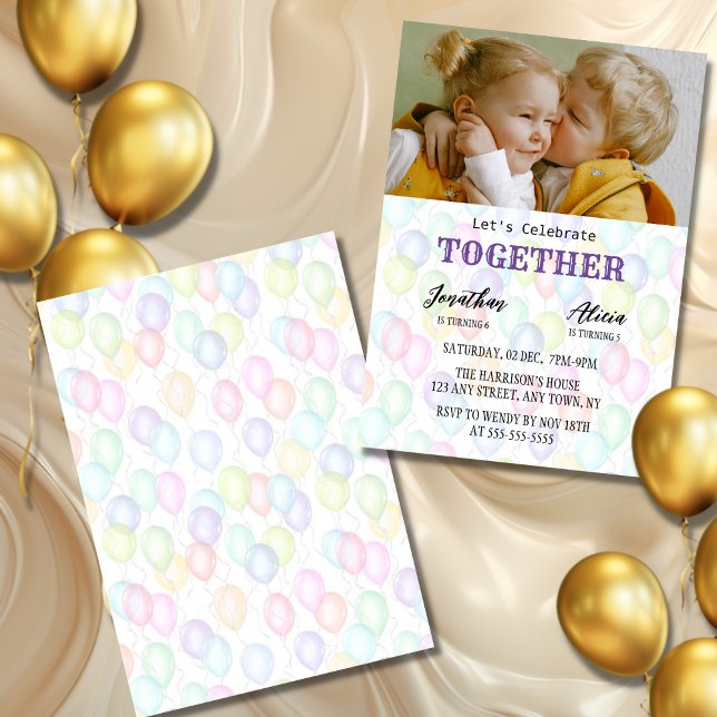 Sibling Photo Colourful Balloon Joint Birthday  Invitation (Creator Uploaded)