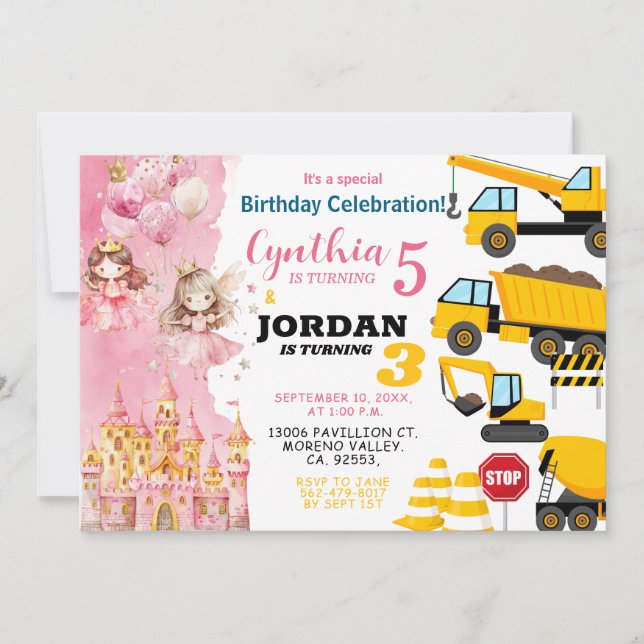 Sibling Princess and Construction Joint Birthday Invitation (Front)