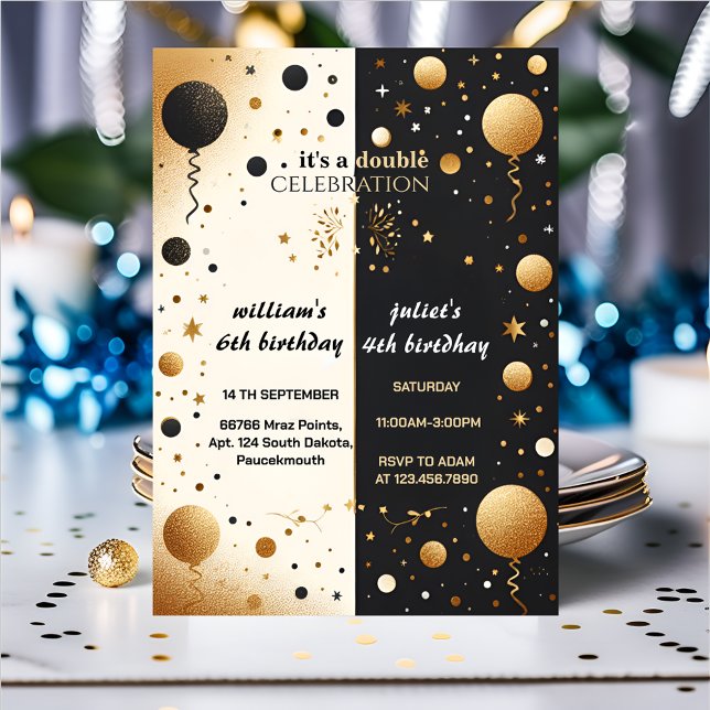 Sibling twin Black simple modern Joint Birthday Invitation (Creator Uploaded)