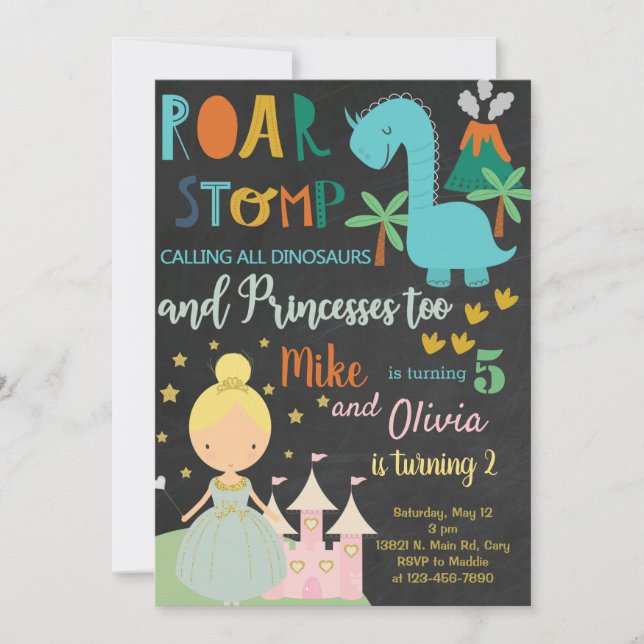 Siblings dinosaur and princess birthday Invitation (Front)