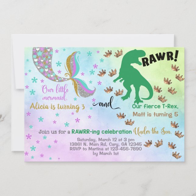 Siblings mermaid and dinosaur birthday invite. invitation (Front)