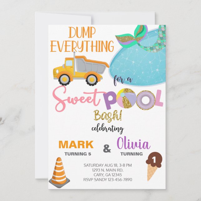 Siblings mermaid and dump truck birthday invite. invitation (Front)