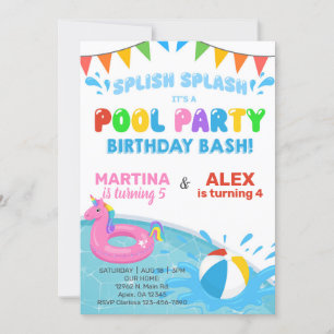 Siblings pool party birthday invite, unicorn ball. invitation
