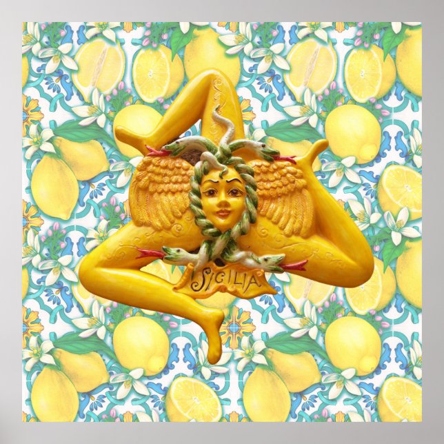 Sicile Italie Trinacria Lemon tuile mur Art Poster (Devant)