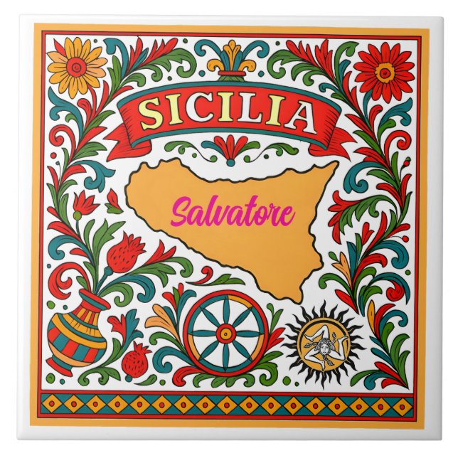 Sicilia Sicilian Design Tile (customize with name) (Front)