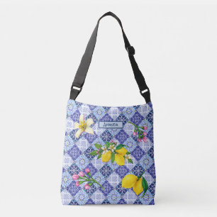 Sicilian blue Mediterranean citrus ceramic tiles Crossbody Bag