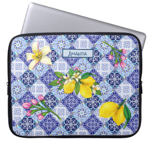 Sicilian blue Mediterranean citrus ceramic tiles  Laptop Sleeve