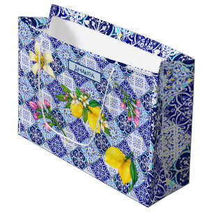 Sicilian blue Mediterranean citrus ceramic tiles Large Gift Bag