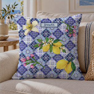Sicilian Blue Mediterranean Citrus Ceramic Tiles Throw Pillow