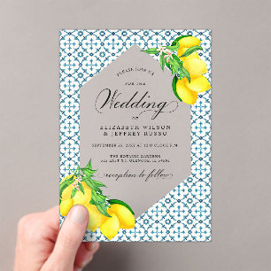 Sicilian Blue Tiles Summer Lemon Boho Wedding Acrylic Invitations
