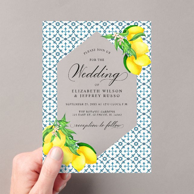 Sicilian Blue Tiles Summer Lemon Boho Wedding Acrylic Invitations (Insitu (Handheld))